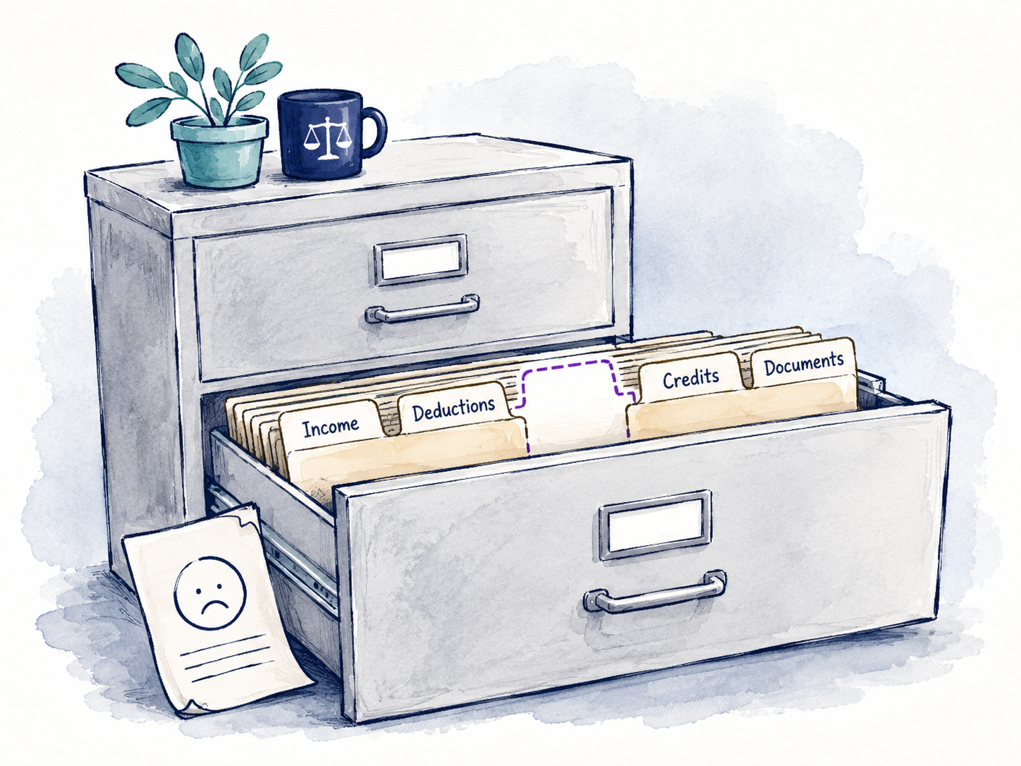An open filing cabinet drawer with a folder tab missing.
